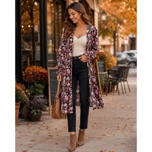 Saltwater Luxe Floral Duster Women Small Romantic Boho Cardigan Dark Floral Fall